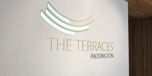 The Terraces Paddington residential development entry signage design by Minale Tattersfield Sydney