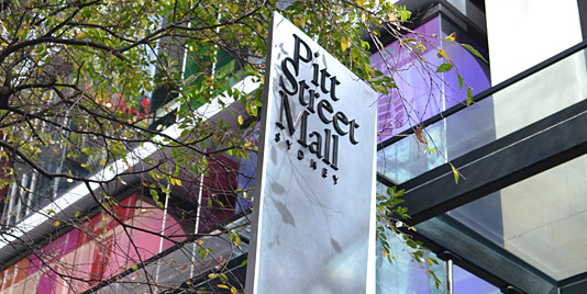 Image of Pitt Street Mall Wayfinding Signage in Sydney, top of pedestrian wayfinding sign.